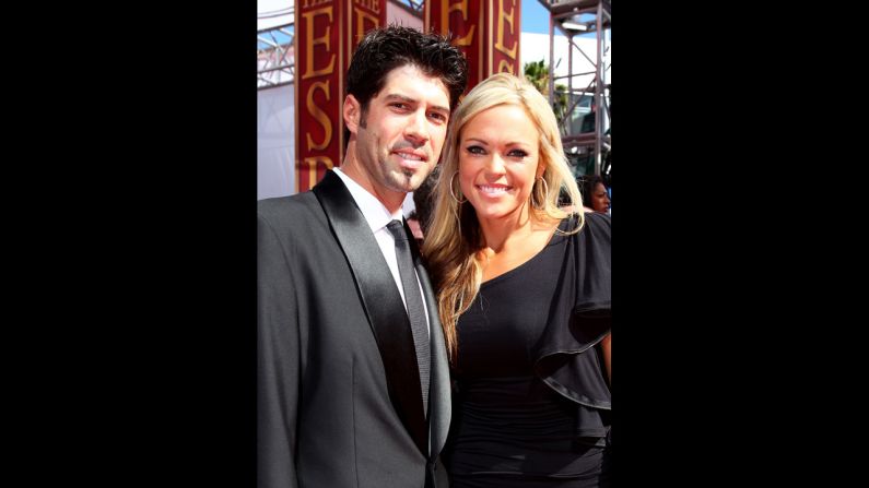 Olympic softball pitcher Jennie Finch married professional baseball pitcher Casey Daigle, and have a son, Ace, together. Pictured, Daigle and Finch arrive at the ESPY Awards on July 14, 2010, in Los Angeles, California.
