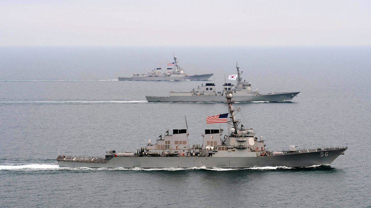 This March 17 Navy handout image shows the destroyer USS John S. McCain, front; the Republic of Korea Navy destroyer ROKS Seoae-Yu-Seong-Ryong, center; and the destroyer USS McCampbell moving into formation in the waters off the Korean Peninsula during exercise Foal Eagle 2013.