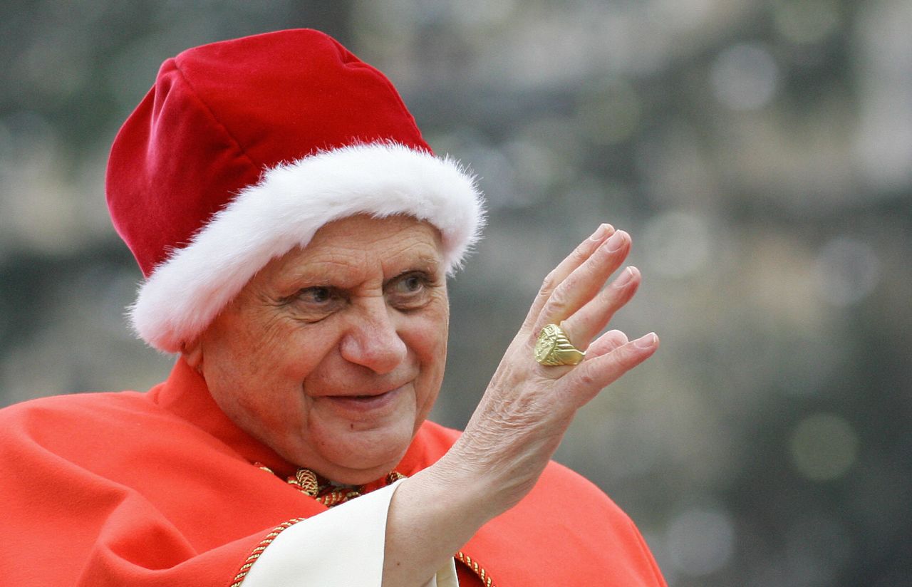 Here, Pope Benedict XVI wears the camauro, a red bonnet worn only by the pope, in December 2005. It is a winter hat made of wool or velvet and trimmed with ermine fur. Pope Benedict instigated its resurgence in the active set of papal vestments.