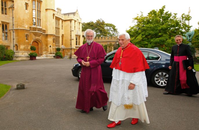 Rowan Williams, the archbishop of Canterbury, left, greets Pope Benedict XVI at his official residence, Lambeth Palace, in central London in September 2010. Here, Benedict XVI wears a mozzetta, a cape worn by the pope and some other religious leaders. "The winter one matches the camauro because it is also red velvet or wool and adorned with ermine," Beck said. "This was also brought back by Benedict XVI after having fallen into disuse. There's also a white summer version."
