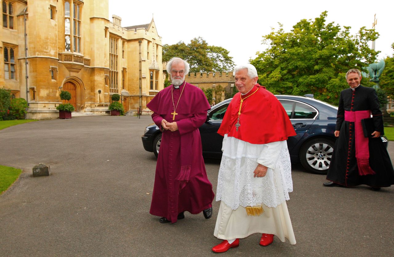 Rowan Williams, the archbishop of Canterbury, left, greets Pope Benedict XVI at his official residence, Lambeth Palace, in central London in September 2010.  Here, Benedict XVI wears a mozzetta, a cape worn by the pope and some other religious leaders. "The winter one matches the camauro because it is also red velvet or wool and adorned with ermine," Beck said. "This was also brought back by Benedict XVI after having fallen into disuse. There's also a white summer version."
