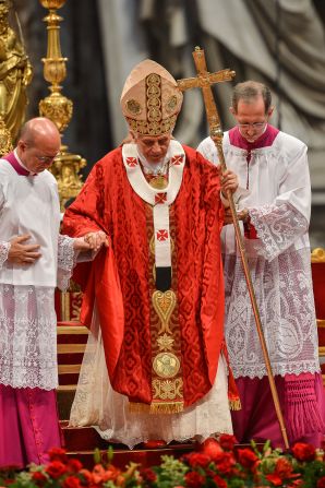 Pope Benedict XVI is seen here wearing the pallium, a woolen cloak with five or six crosses. It's worn only by the pope and archbishops as a sign of their unity to the pope, Beck said. "It is made from the wool of lambs raised by monks and woven by nuns. It is rich in symbolism, as the pope, who is shepherd, literally carries the 'sheep' on his shoulders, especially the lost ones," Beck said. 