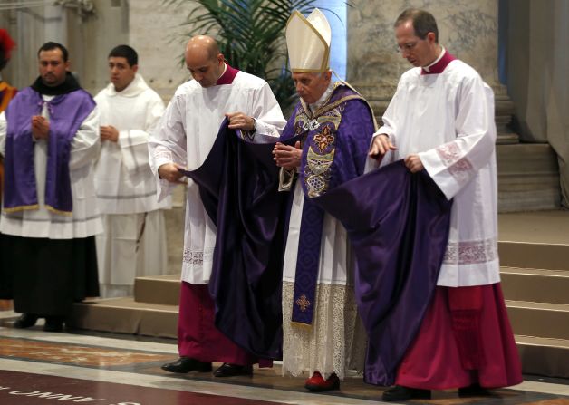 Pope Benedict XVI arrives to lead the mass for Ash Wednesday, on February 13, 2013. He wore this purple chasuble to open Lent, the 40-day period of abstinence and deprivation for the Christians, before the Holy Week and Easter. Purple is worn during the seasons of Advent and Lent.