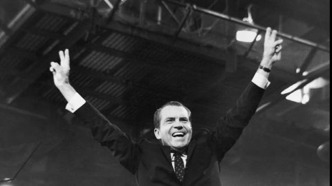 Richard Nixon gives the victory sign after receiving the presidential nomination at the Republican National Convention, in Miami, Florida, August 1968.