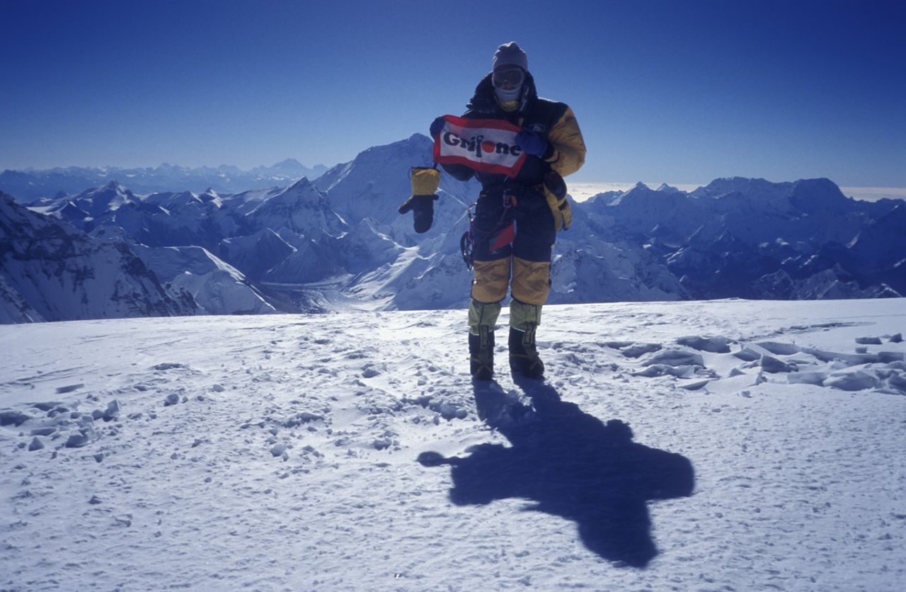 Pasaban, seen here at the summit of Cho Oyo in 2002, is now working as an executive coach and lecturer, and runs her own travel agency. She also plans to climb more 6,000 and 7,000 meter mountains, particularly in Tibet. 