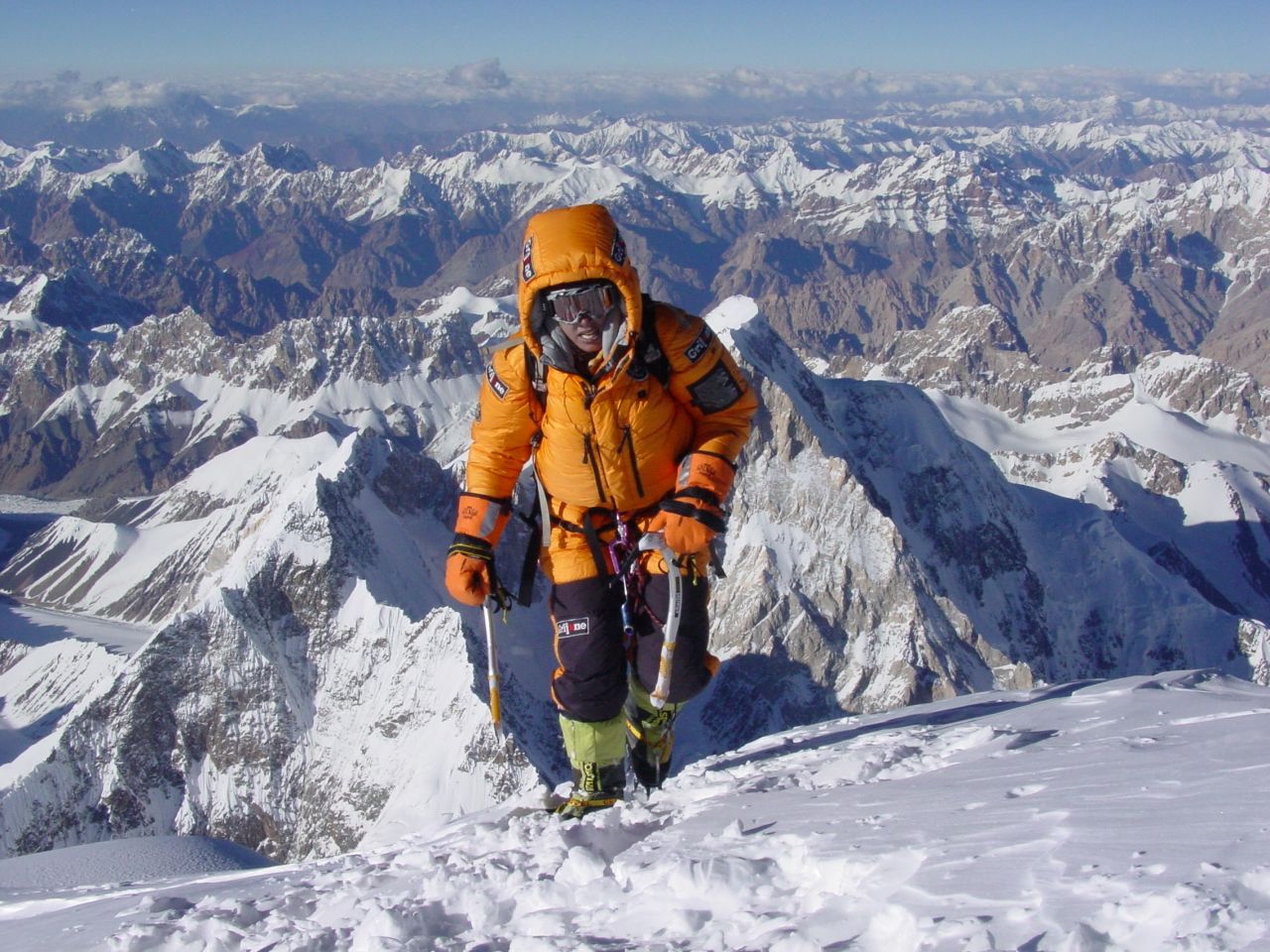 In 2011, Pasaban attempted to climb Everest for a second time. She decided to skip the artificial oxygen, but could not reach the summit. <br /><br />"This is an outstanding challenge," she says. "I will not like to finish my career without having achieved it, but I have to find the right moment in my professional life to do it. It is a dream."<br /><br />Pasaban pictured at the summit of K2, the world's second highest mountain, in 2004. This, like all mountains except Everest, she climbed without artificial oxygen.