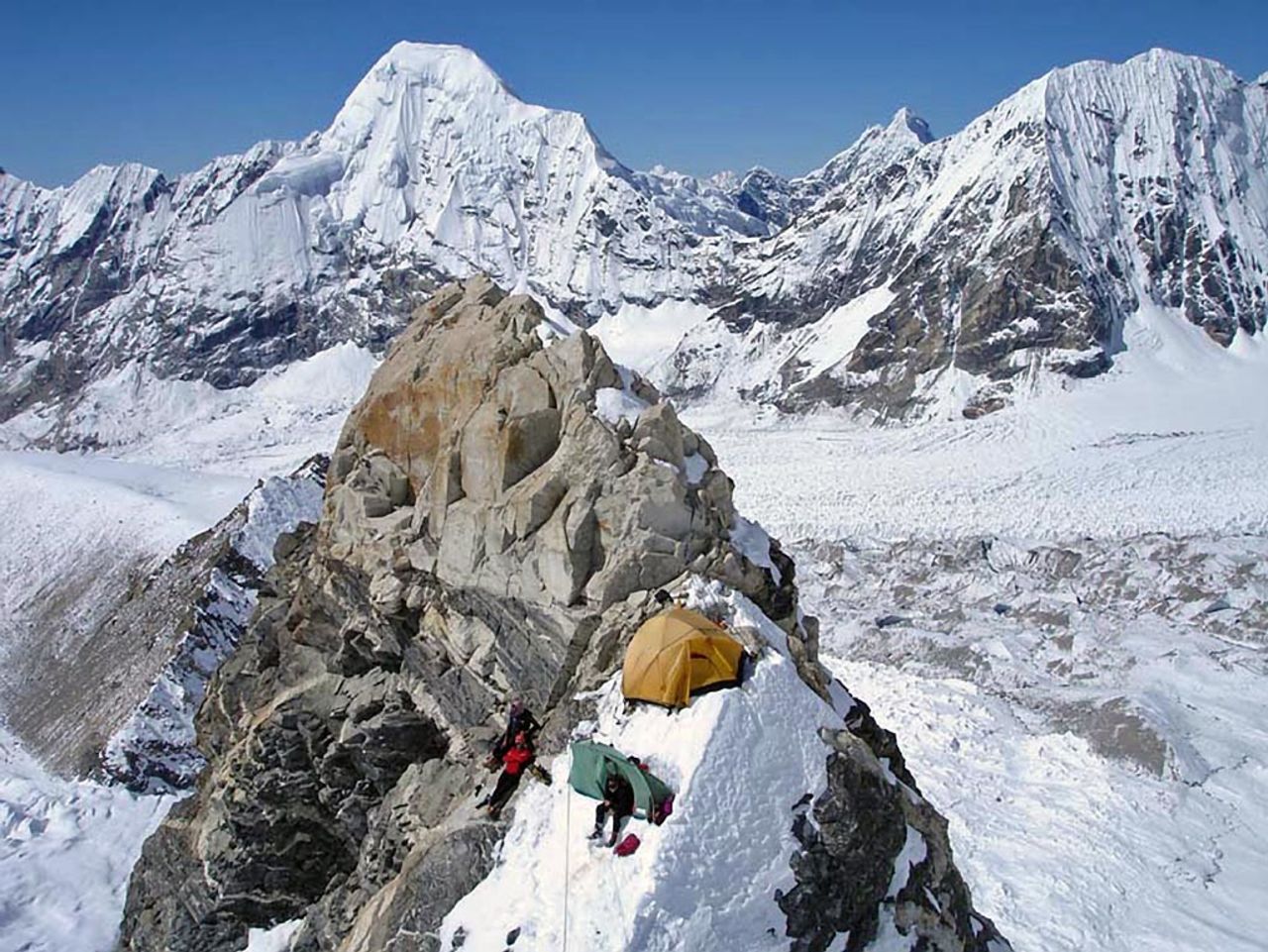 Pasaban camping on a ridge on Shisha Pangma in 2006, during a failed attempt at the mountain. She finally reached the summit on her fifth attempt in 2010, the last of her 14 mountains.<br /><br />Mountaineering is a risky sport, and Pasaban said she has lost 15 friends in her years of climbing. One member of her own team perished on her ascent of Dhaulagiri in the Himalayas in 2001.