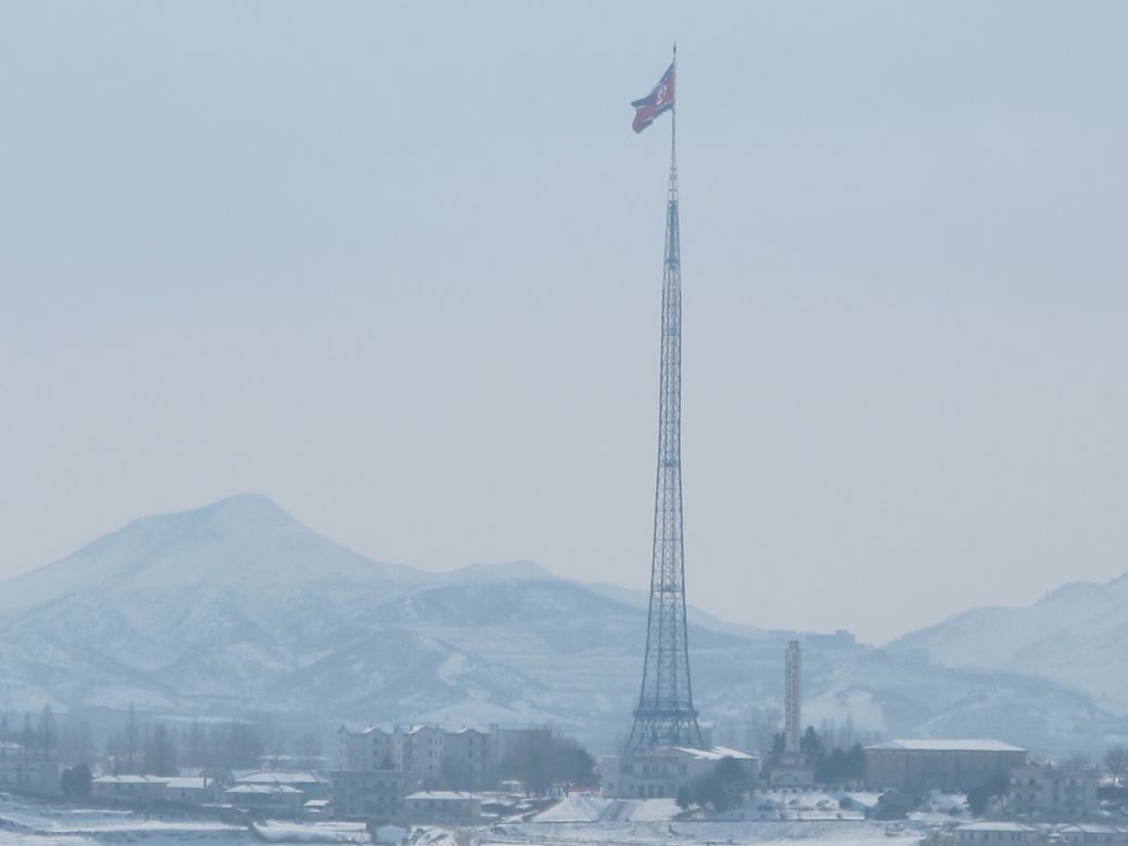 A North Korean flag flies over the village of Kijongdong. It must be one of the tallest flagpoles in the world.