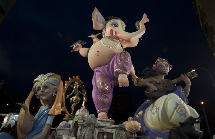A falla caricaturing Lord Ganesha, an elephant-headed Hindu god, waits to be burned on Tuesday, March 19, in Valencia. 
