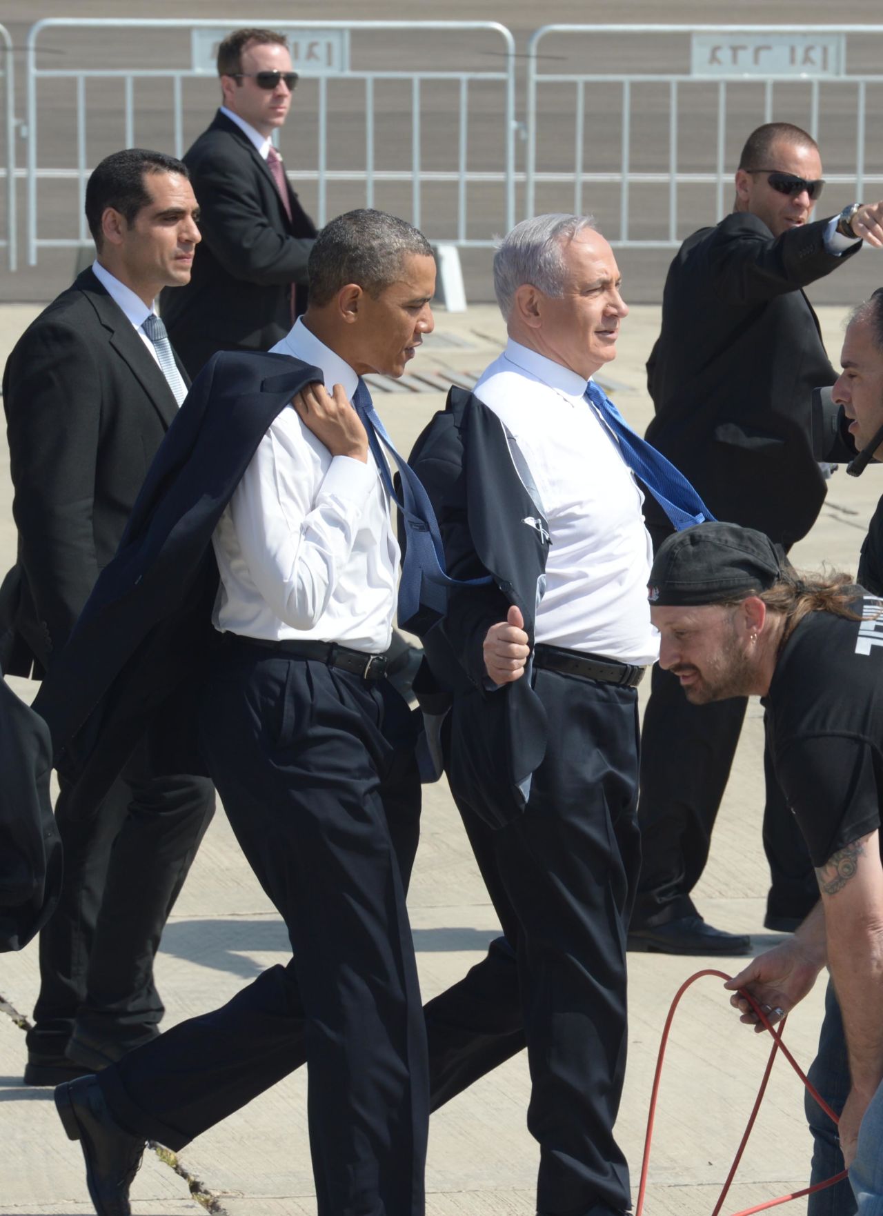 Obama accompanies Israeli President Benjamin Nethanyahu at Ben Gurion Airport on March 20 in a handout image from the Government Press Office of Israel.
