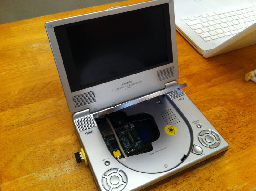 Tom Chipley from Memphis, Tennessee, used an RPi to create a mini laptop computer out of an old, broken portable DVD player. "I removed the laser and carriage and fit a Raspberry Pi into the area left vacant. I used a wireless keyboard to complete the little machine," he said.