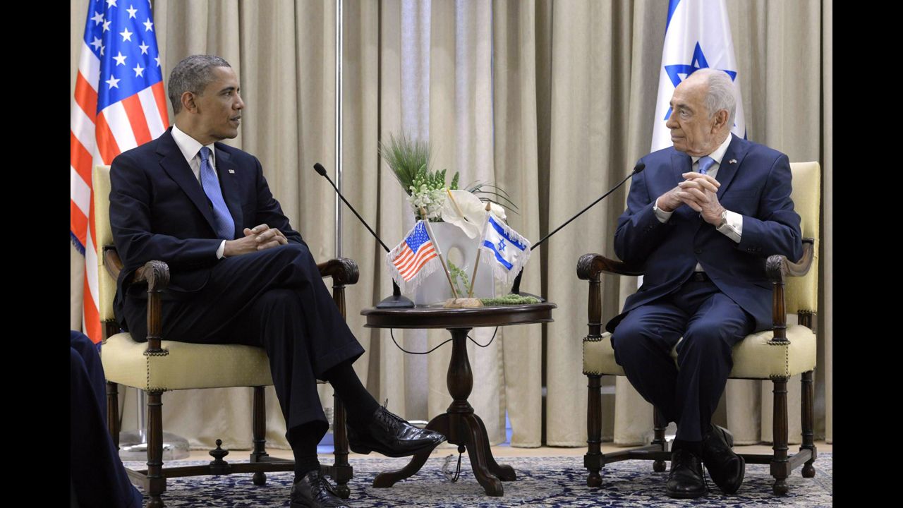 Israeli President Shimon Peres welcomes Obama to his residence on Wednesday, March 20, in Jerusalem. 
