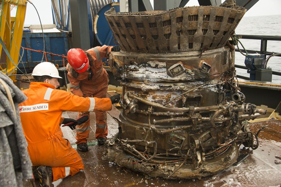 The thrust chamber and fuel manifold, pulled out of the ocean. "Each piece we bring on deck conjures for me the thousands of engineers who worked together back then to do what for all time had been thought surely impossible," Bezos wrote.