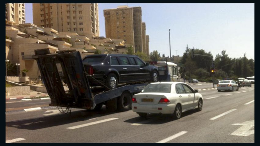 The official limousine awaiting President Obama's arrival in Israel is towed after malfunctioning in Jerusalem on Wednesday. The limo failed to start after its driver refueled it using gasoline rather than diesel fuel, an official said.