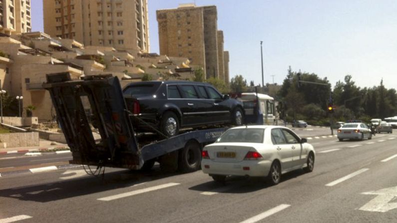 The official limousine awaiting Obama's arrival in Israel is towed after malfunctioning in Jerusalem on March 20. The <a href="index.php?page=&url=http%3A%2F%2Fpoliticalticker.blogs.cnn.com%2F2013%2F03%2F20%2Fpresidential-limo-breaks-down-ahead-of-obamas-arrival%2F">limo failed to start</a> after its driver refueled it using gasoline rather than diesel fuel, an official said.