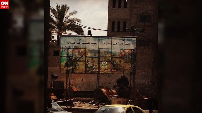 In Gazy City, a billboard celebrates a Hamas militant wing.