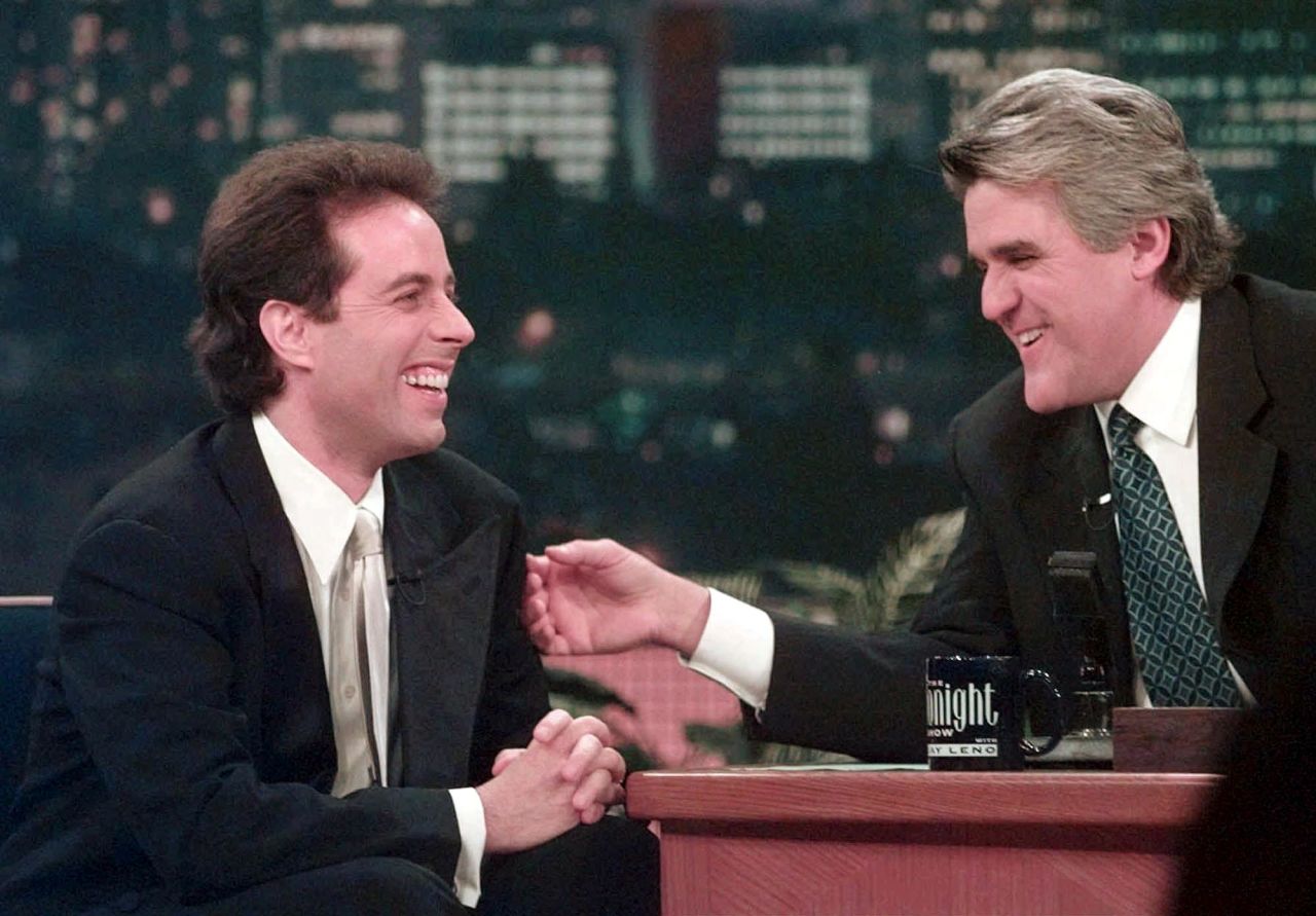 Jay Leno starred in "The Tonight Show with Jay Leno" from 1992 to 2009 and then moved to his own prime-time show, "The Jay Leno Show," on NBC. After a public controversy over scheduling changes while Conan O'Brien hosted the show in 2009, Leno returned to host "The Tonight Show" in 2010. Here, Leno jokes with Jerry Seinfeld in 1998.
