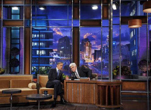 Leno returned in March 2010. Here, Leno chats with President Barack Obama in October 2012.