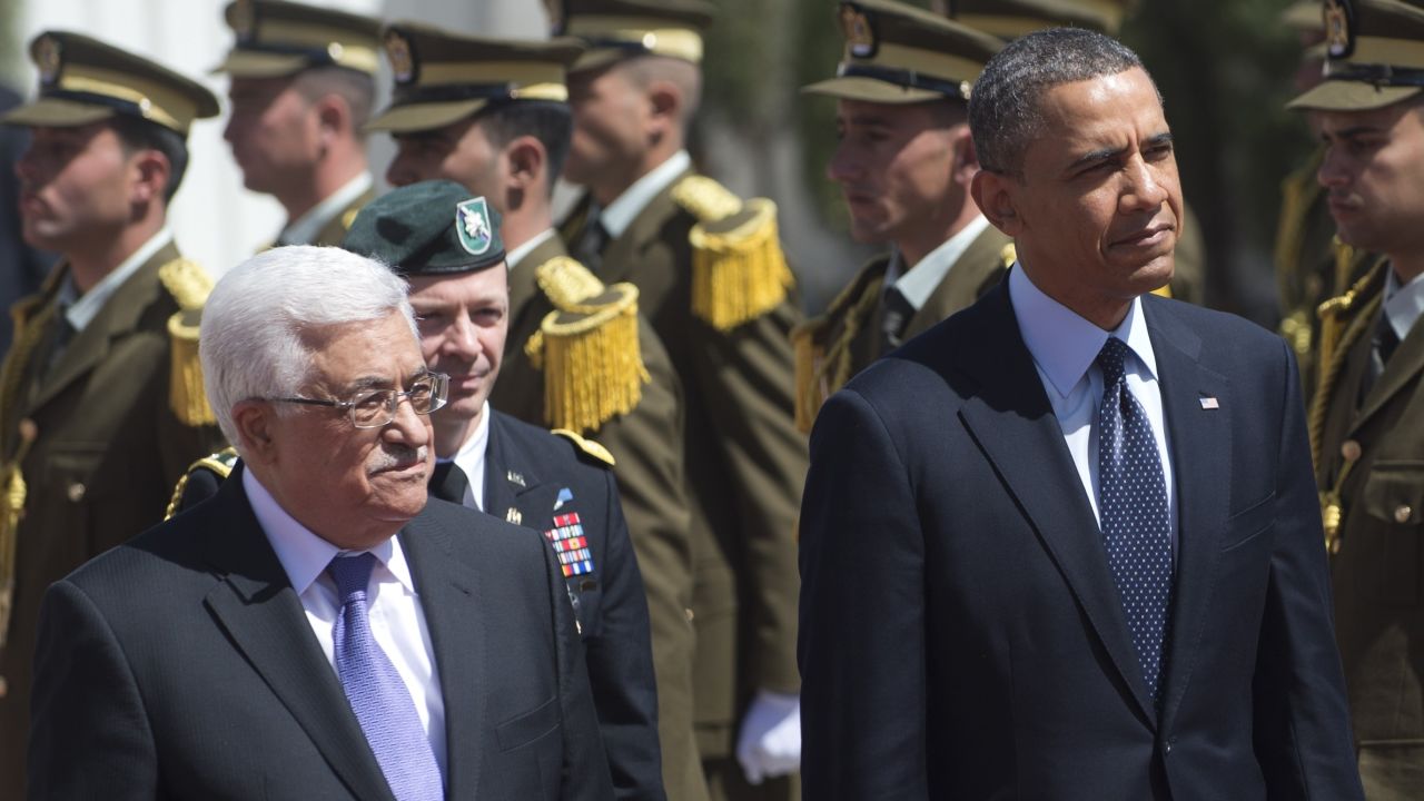 President Barack Obama and Palestinian president Mahmud Abbas at the Palestinian Authority headquarters in Ramallah.