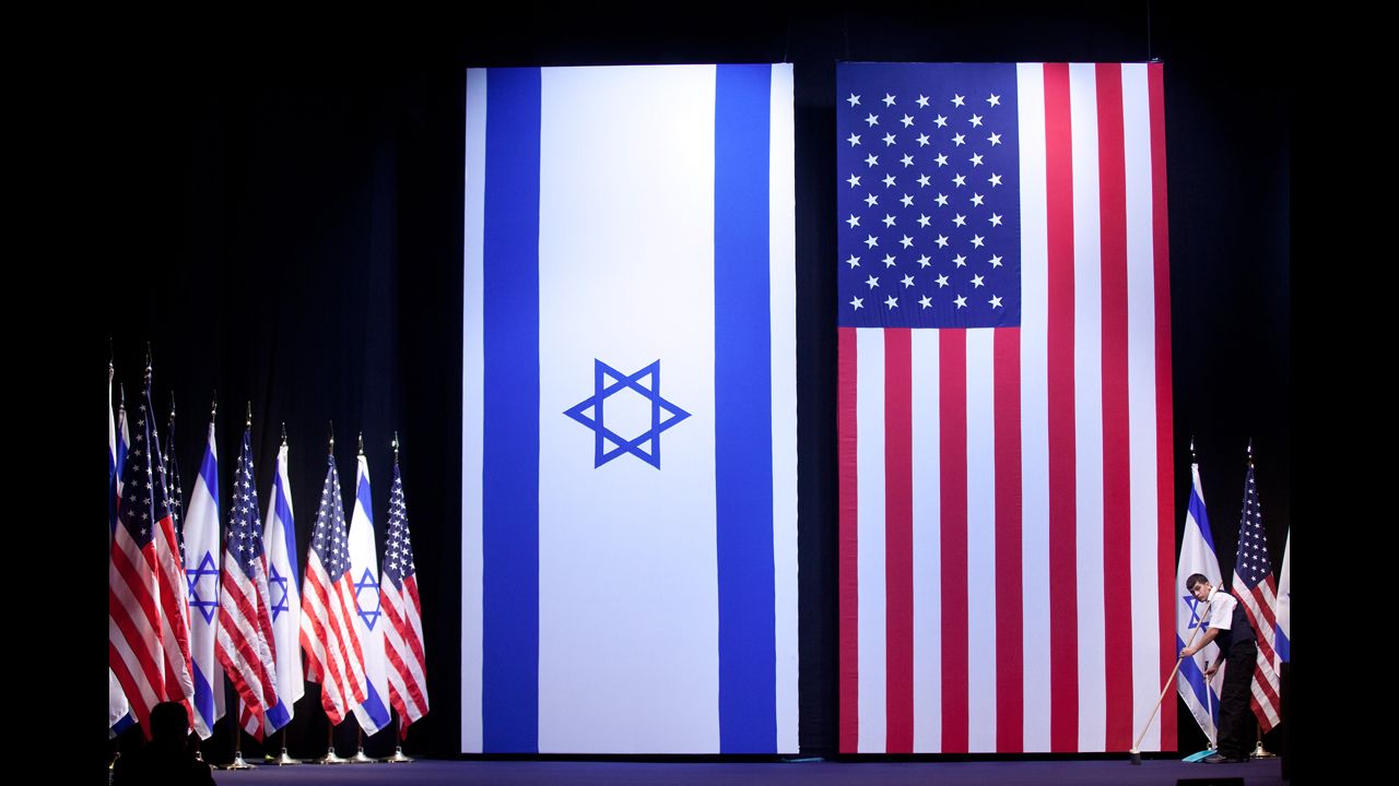 Final preparations are made before Obama's speech to Israeli students on March 21 in Jerusalem.