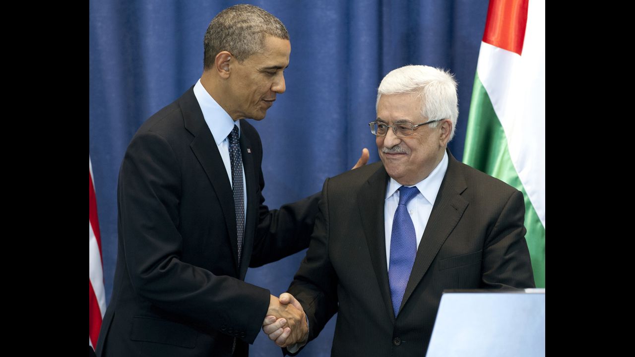 Obama and Abbas shake hands during a joint press conference following meetings at the Muqata on March 21. Obama has asked for Israelis and Palestinians to discuss a two-state solution to the long-running conflict.