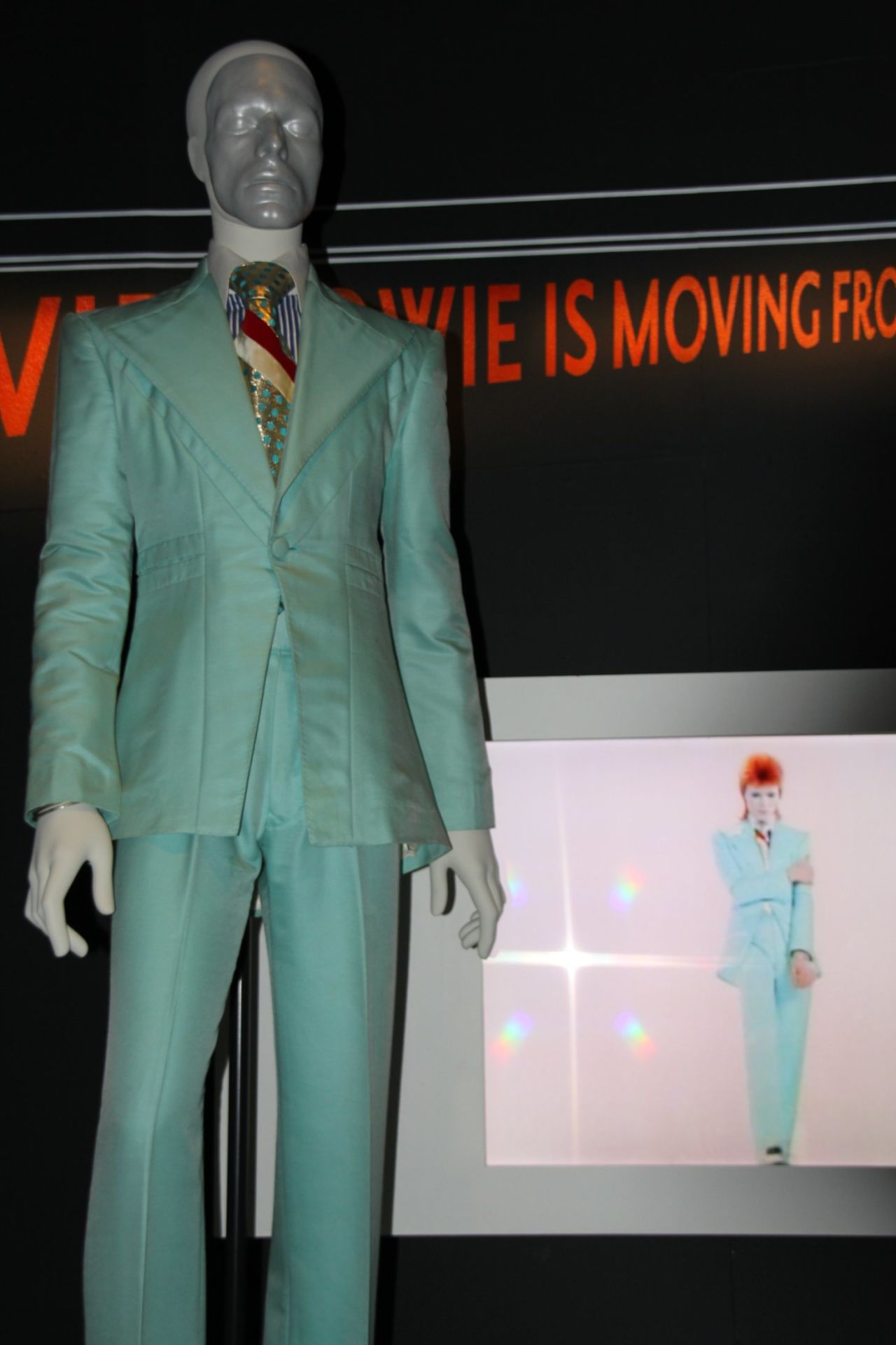 Bowie wore this ice blue suit by Freddie Burretti for the 1972 "Life on Mars" promotional film with Japanese eyeshadow applied by make-up artist Pierre Laroche. "For weeks my stage persona went all geisha," the singer said.