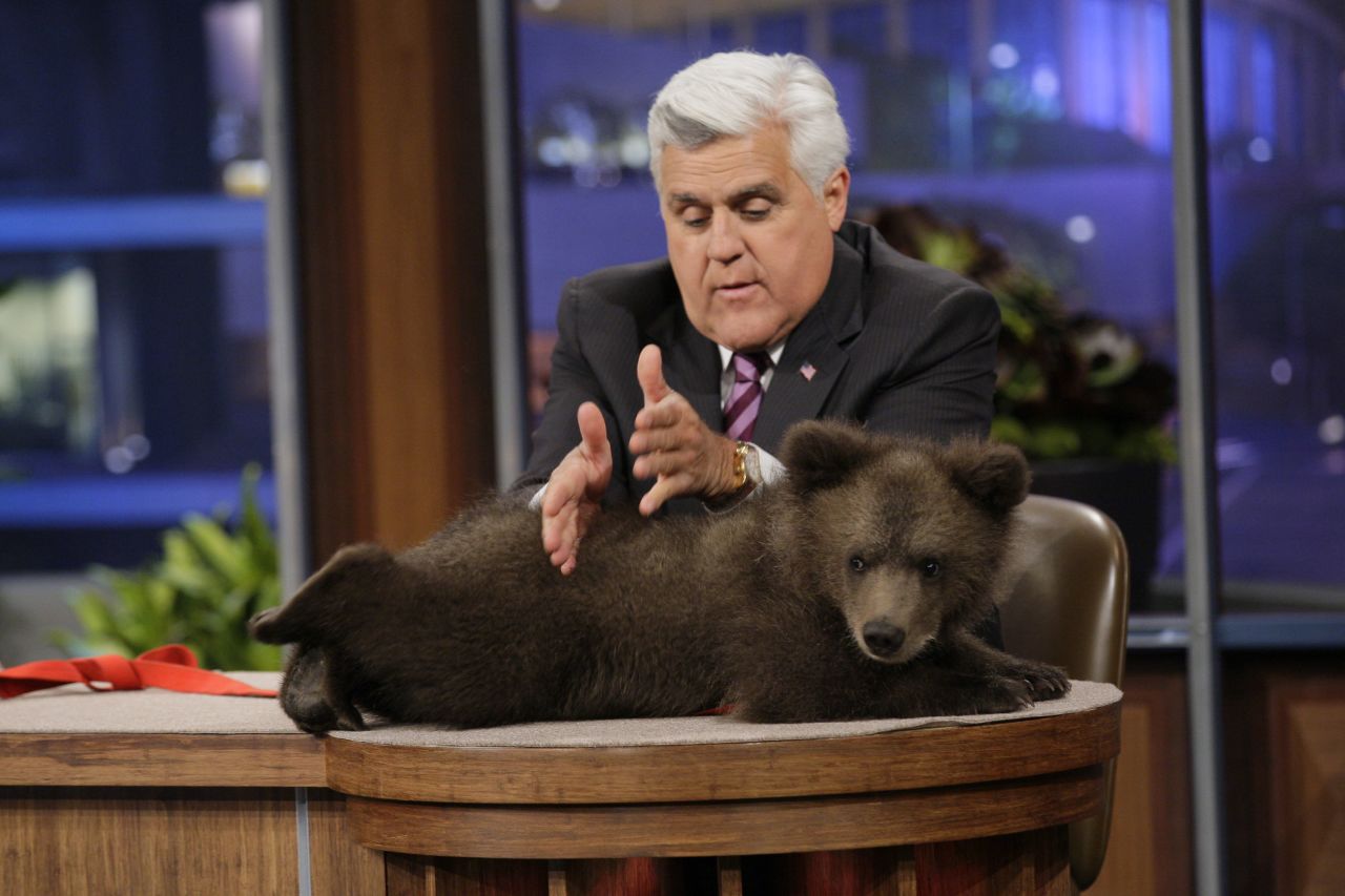 Leno with a Kodiak bear cub on May 16.