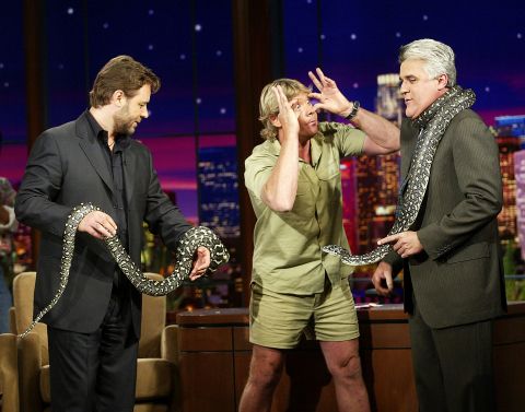 Actor Russell Crowe, left, and "Crocodile Hunter" Steve Irwin with Leno on November 6, 2003.