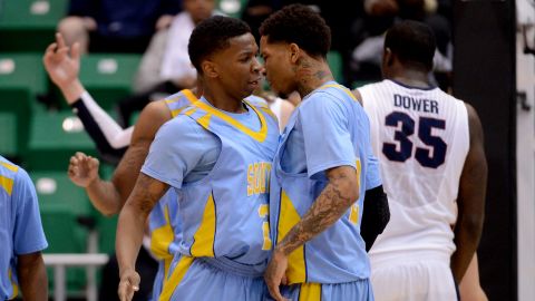 YonDarius Johnson, left, and Derick Beltran of Southern University celebrate in the first half while taking on Gonzaga on March 21.