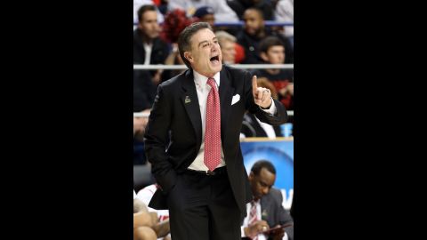 Head coach Rick Pitino of the Louisville Cardinals shouts from the sidelines against N.C. A&T on March 21.