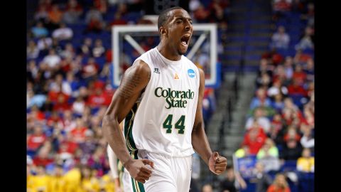 Greg Smith of Colorado State reacts after a basket by his team against Missouri on March 21.  