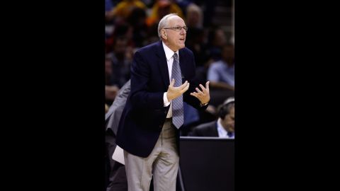 Head coach Jim Boeheim of Syracuse gestures from the sideline in the first half against Montana on March 21. 