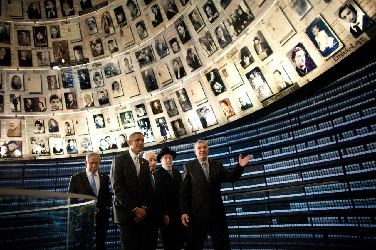 President Barack Obama visits the Hall of Names at the <a href="http://www.yadvashem.org/" target="_blank" target="_blank">Yad Vashem Holocaust memorial</a> with Israeli Prime Minister Benjamin Netanyahu, left, Israeli President Shimon Peres, center, Rabbi Yisrael Meir Lau and Avner Shalev, the museum's director, on Friday, March 22, in Jerusalem. As part of his Mideast tour, Obama wrapped up his first trip to Israel as president and arrived in Jordan, another key ally, on Friday.
