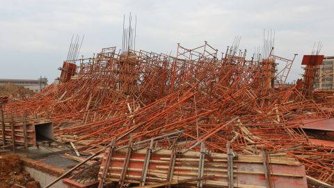 A tornado leaves scaffolding in tatters on Wednesday, March 20, in Daoxian, China.
