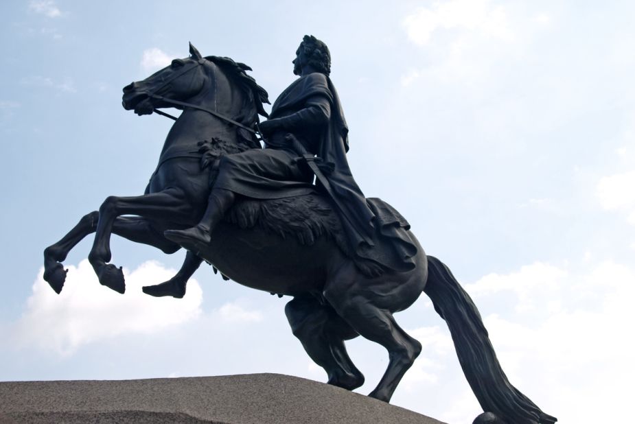 Completed in 1782, the statue known as The Bronze Horseman represents former czar Peter the Great as a Roman hero astride a rearing steed. The statue has become a symbol of St. Petersburg. Protected by sandbags and a wooden shelter, it withstood the Nazis' 900-day siege of (then) Leningrad in World War II.