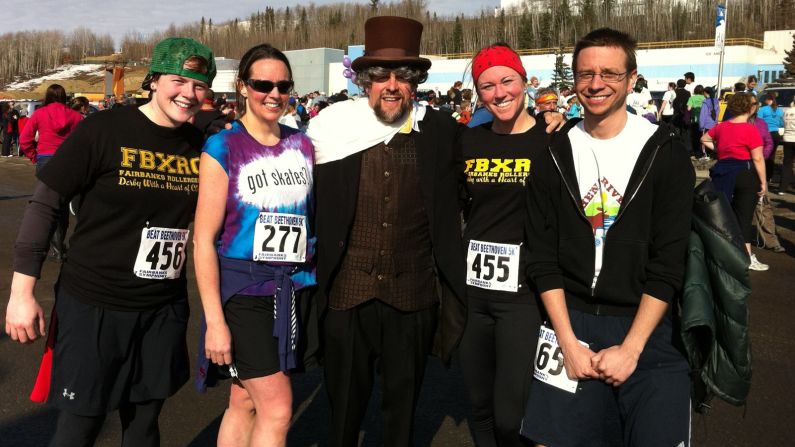 Frazer, second from the left, ran her first 5K race last April with a few of her derby teammates. 