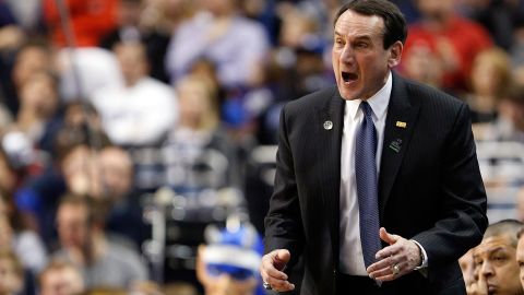 Head coach Mike Krzyzewski of the Duke Blue Devils calls out in the first half against the Albany Great Danes on March 22 in Philadelphia.