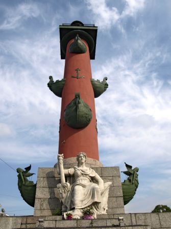 One of the two Rostral Columns near the St. Petersburg Stock Exchange. Both were intended as oil-fired lighthouses for ships navigating the Baltic Sea. Designed in the early 19th century, the columns are reminiscent of ancient Rome and feature figures of mythical gods representing four major rivers in Russia. 