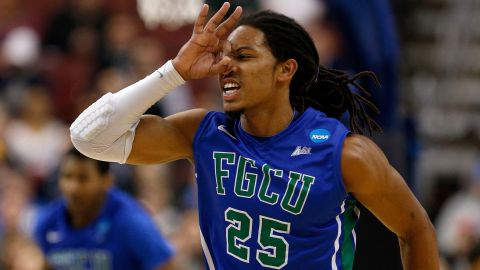 Sherwood Brown of the Florida Gulf Coast Eagles reacts after making a three-point basket against the Georgetown Hoyas on March 22 in Philadelphia.