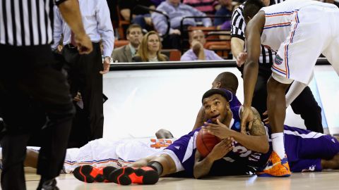 Shamir Davis of the Northwestern State Demons calls for a time out against the Florida Gators on March 22.
