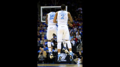 P.J. Hairston, left, and Leslie McDonald of the North Carolina Tar Heels celebrate in the first half against the Villanova Wildcats on March 22.