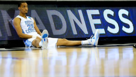 J.P. Tokoto of the North Carolina Tar Heels waits to be substituted into the game in the first half against the Villanova Wildcats on March 22.