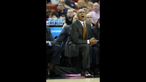 Head coach Tubby Smith of the Minnesota Golden Gophers yells to his team during play against the UCLA Bruins on March 22.