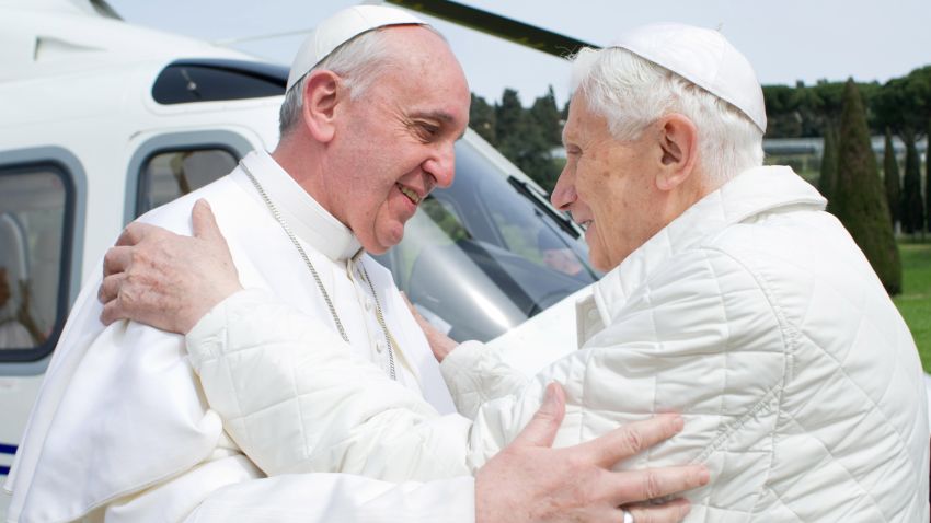 Recently elected Pope Francis, left,  and his predecessor, Pope Emeritus Benedict XVI embrace at the papal summer residence Castel Gandolfo on March 23.