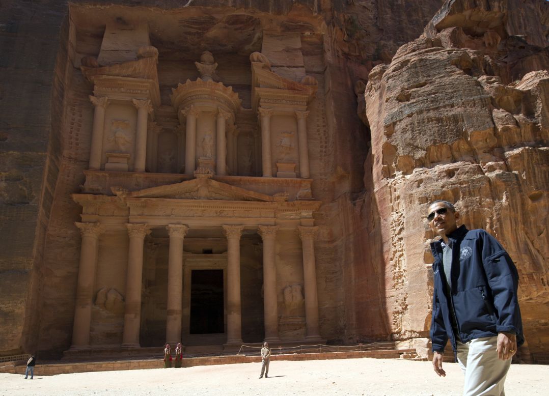 U.S. President Barack Obama tours the Treasury at the ancient city of Petra, in Jordan, on Saturday, March 23. Obama arrived in Jordan on March 22, on the last leg of a Middle East tour after challenging Israelis to embrace peace with Palestinians.
