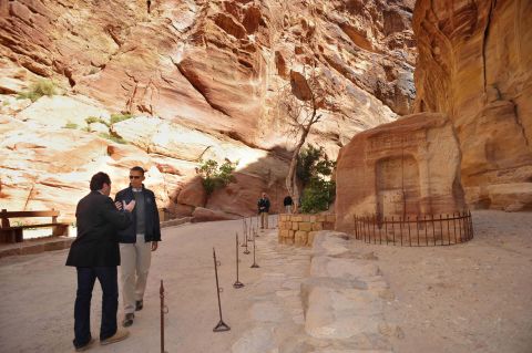 Obama and Professor al-Faraja stop to discuss a site in Petra on March 23.