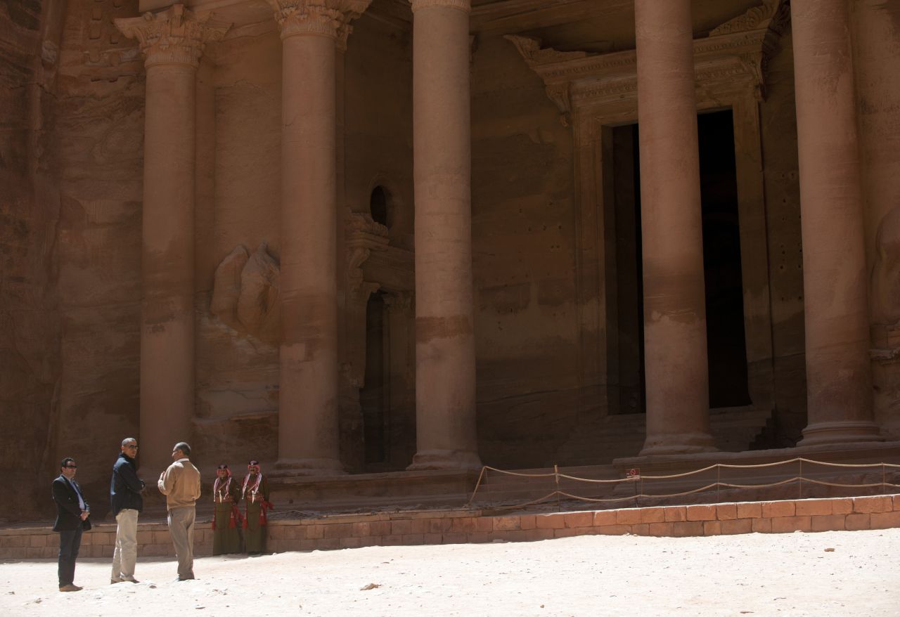Obama and his escorts stand outside the Treasury, or Al Khazneh, in Petra on March 23. The magnificent building, carved out of solid rock, is more than 2,000 years old.