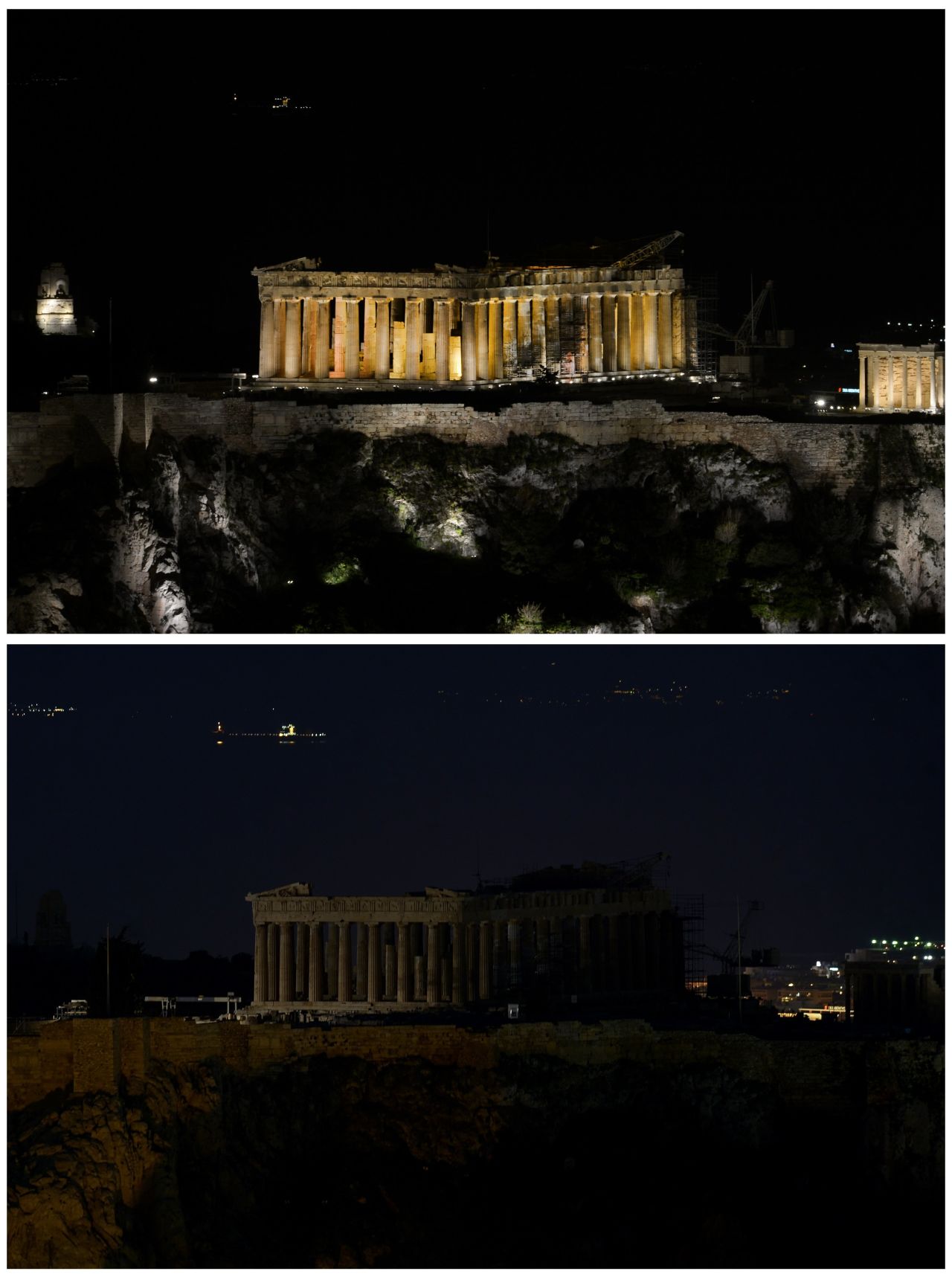 The ancient Temple of Parthenon atop the Acropolis hill before Earth Hour in Athens.
