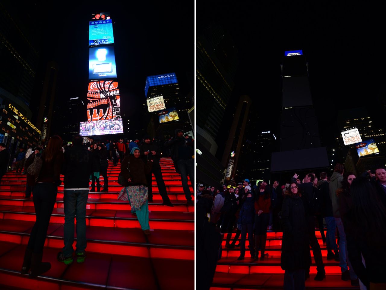 In this combo photo large electronic billboards stand dark on Times Square as their lights were turned off to mark 'Earth Hour' in New York.