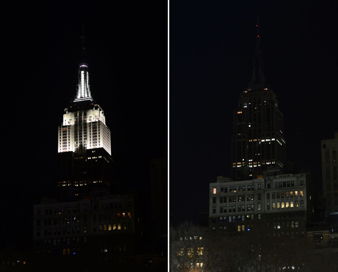 In this combo photo The Empire State Building stands dark as its lights were turned off.